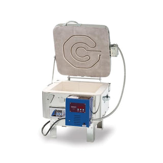 Square glass fusing kiln by Cone Art Kilns, 115G-SQ model, showing the kiln's exterior with a square shape and control panel.