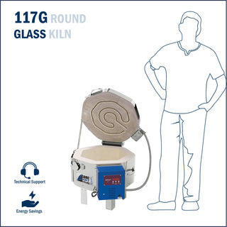 Glass fusing kiln by Cone Art Kilns, model 117G, with a digital control panel and sturdy metal exterior for glass art projects.