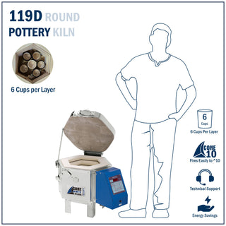 Cone Art BX119D ceramic pottery kiln with Bartlett 12-key controller, featuring a round shape and digital control panel.