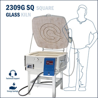 Square glass fusing kiln by Cone Art Kilns with digital control panel and square shape for glass art projects.