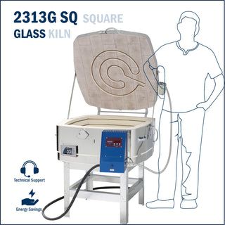 Square glass fusing kiln by Cone Art Kilns, model 2313G-SQ, with digital control panel and viewing window for glass art projects.