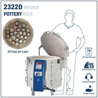 Cone Art GX2322D round kiln package with integrated vent, furniture, and Genesis touchscreen control panel for pottery and ceramic firing