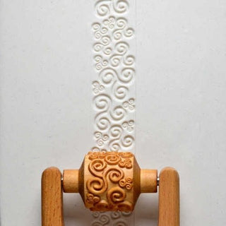 MKM RM 028 Medium Handle Roller with tri-spiral textured design for pottery and clay shaping tools.