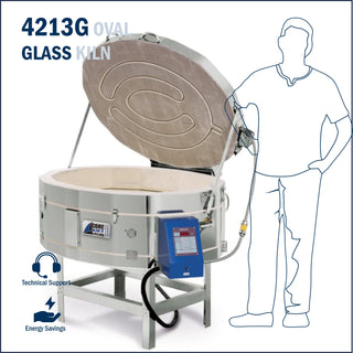 Oval glass fusing kiln from Cone Art Kilns, model 4213G, showing the kiln furniture setup inside the 4213G-scale image.