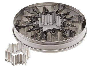 Ateco Tools 5-piece snowflake shape cutter set for baking and decorating, with detailed metal cookie cutters in various snowflake designs.