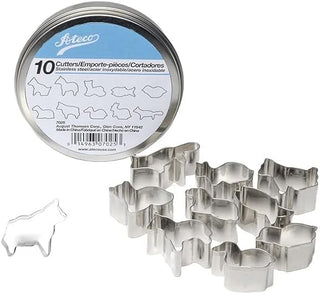 Ateco Tools 10-piece animal-shaped cutter set with brushes for baking and cake decorating, shown with various animal designs.