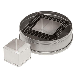 Aset of six stainless steel Ateco Tools square shape cutters for baking and cake decorating on a white background.