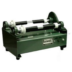 Shimpo PTA-01 ball mill with stainless steel drum and motor, used for grinding and mixing materials in laboratory and industrial settings.