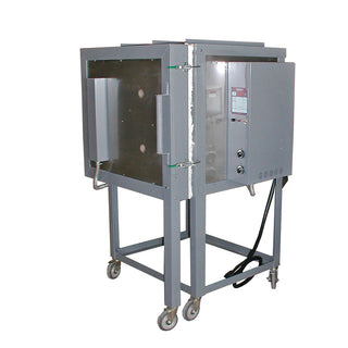 Olympic FL-8 front loading pottery kiln with closed door, featuring digital control panel and ceramic interior for ceramic firing.