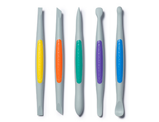 Set of five medium flex-firm silicone clay finishing trimming tools by Xiem Pottery Tools, shown with various shaping and smoothing edges.