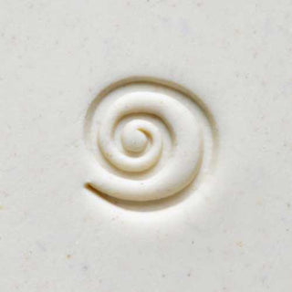 MKM SCS 116 Small Round Spiral Stamp for pottery texture tools, shown with intricate spiral pattern on clay surface.
