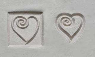 MKM SSM 142 Medium Heart with Curl Square Stamp for pottery texture, made by MKM Pottery Tools.