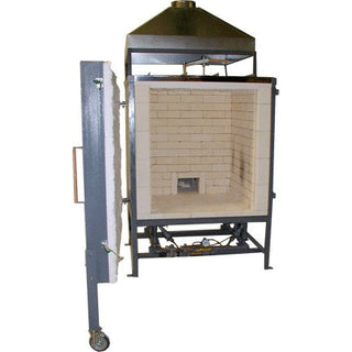 Olympic Kilns DD17 gas downdraft kiln for pottery and ceramics, with a large door and digital control panel.