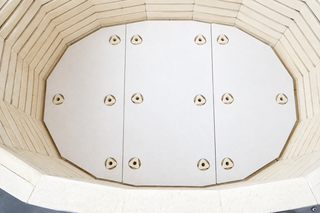 Skutt KM1627-3PK high fire pottery kiln with oval shape, 3-phase electrical setup, shown with control panel and kiln interior.