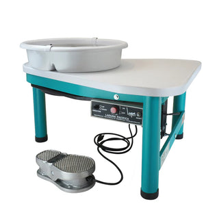Scuba blue Pacifica GT-800 pottery wheel with sturdy base and motor, designed for clay shaping and ceramic pottery making.