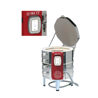 Skutt KMT818-3 pottery kiln with touchscreen controller, white insulated ceramic interior, and control panel on the front.