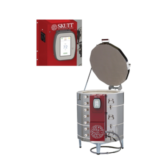 Skutt KMT1231-3PK kiln package with touchscreen controller, showing the kiln's exterior and control panel for ceramic firing.