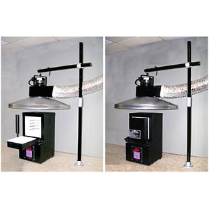 Ventakiln Vent-a-Fume 37-inch kiln venting system with 500 CFM bench-mounted vent, shown installed in a workshop setting.