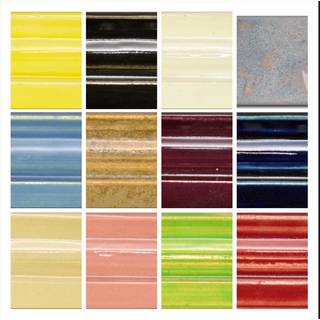 Spectrum Pottery Glazes Spectrum Glaze 1100 series cone 4-6 glaze in various shades, shown on ceramic pottery.