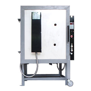 Olympic FL-12 front loading pottery kiln with insulated door and control panel for ceramic firing, shown from the front angle.