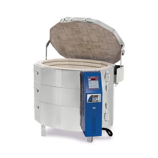 White Cone Art BX2336D oval pottery kiln with Bartlett 12-key controller for ceramic firing, shown from front angle.