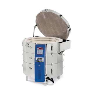 White Cone Art BX2827D round pottery kiln with Bartlett 12-key controller, showing the kiln’s exterior and control panel.