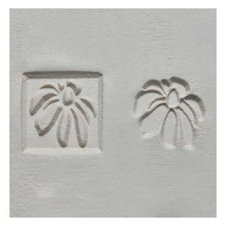 White MKM SSM 102 Medium Square Stamp with conflower design, used as a texture tool for pottery and ceramics.