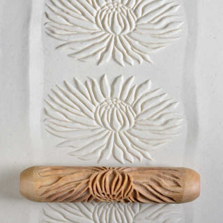 MKM BHR 071 Big Hand Roller with blooming chrysanthemum pattern, ceramic texture tool for pottery and clay sculpting.