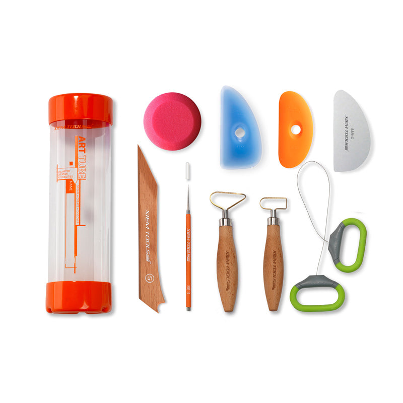 Xiem Potter's Starter Tool Kit with ten pottery tools laid out