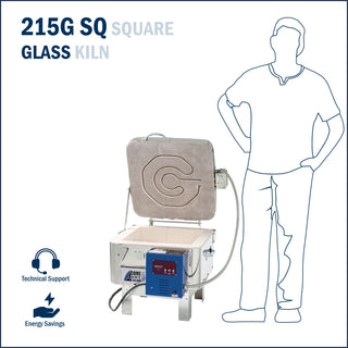 Square glass fusing kiln from Cone Art Kilns, model 115G-SQ, with digital control panel and insulated exterior.