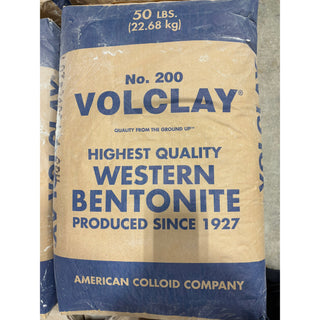 Bentonite clay from Sheffield Pottery, 200 mesh Volclay in a 50-pound bag, showing fine, gray powdered raw material for pottery and industrial use.