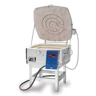 Square glass fusing kiln by Cone Art Kilns with digital control panel and sturdy metal frame, designed for professional glass art projects.