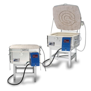 Square glass fusing kiln by Cone Art Kilns, model 2313G-SQ, with a glass door and control panel for high-temperature glass art projects.