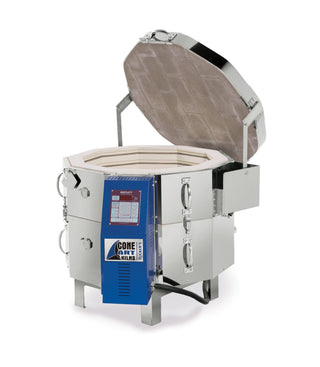 Cone Art BX2318D round pottery kiln with Bartlett 12-key controller, showing the kiln's exterior and control panel in the image.