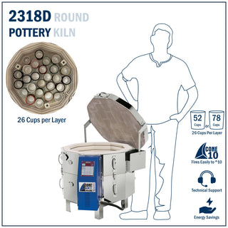 Cone Art BX2318D round pottery kiln with Bartlett 12-key controller, featuring a large round chamber for ceramic firing.