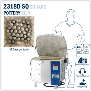 Square Kiln Cone Art BX2318SQ pottery kiln with 5.6 cu ft capacity, shown in a detailed image of its interior and control panel.