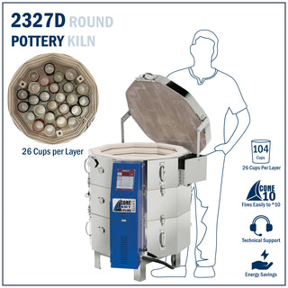 Cone Art GX2327D round kiln package with integrated vent, furniture, and Genesis touchscreen control system.