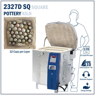 Square Cone Art BX2327D-SQ pottery kiln with Bartlett 12-key controller, showing the kiln’s exterior and control panel.