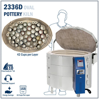 Cone Art BX2336D oval pottery kiln with Bartlett 12 key controller, shown with door open and interior heating elements visible.
