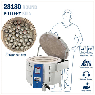 Cone Art BX2818D round ceramic kiln for pottery, featuring digital control panel and sturdy brick construction.