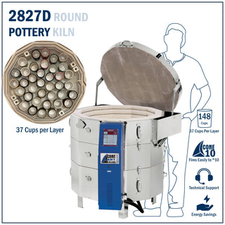 Cone Art BX2827D round pottery kiln with Bartlett 12-key controller, featuring a sturdy metal exterior and digital control panel.
