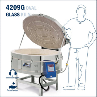 Oval glass fusing kiln by Cone Art Kilns model 4209G, featuring a large rectangular interior for glass art projects.
