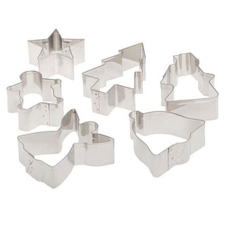 Ateco stainless steel Christmas cookie cutter set with six textured shapes for holiday baking.