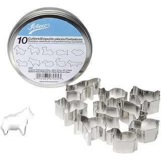 Set of 10 Ateco Tools animal-shaped cutter brushes for cake decorating and baking, arranged on a white surface.