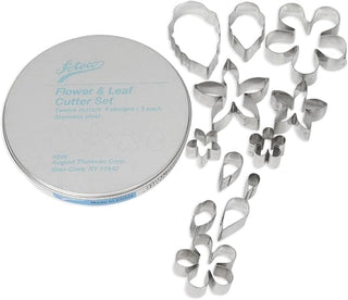 Ateco Tools 12-piece flower and leaf cutter set with brushes for cake decorating and fondant crafting.