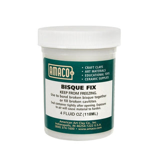 Amaco Bisque Fix Mender in 4-ounce jar, ceramic repair adhesive and filler for bisque pottery with smooth, creamy texture.