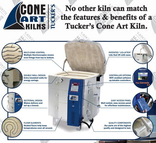 Cone Art GX2327D round kiln package with integrated vent, furniture, and Genesis touchscreen display for ceramic firing.