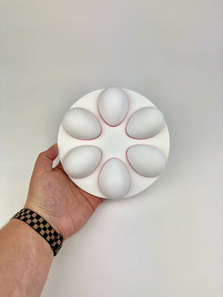 MoonMoon Ceramics deviled egg drape form for pottery, designed for shaping chicken eggs, 7.4 inches by 1.2 inches.