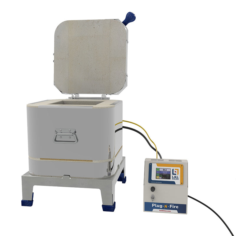 L&L Plug-N-Fire 120V kiln with the door open