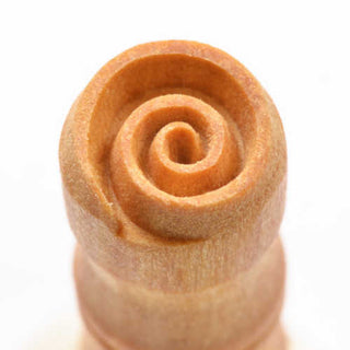 MKM SCS 116 small round spiral stamp for pottery texture tools, showing detailed engraved spiral pattern on metal surface.